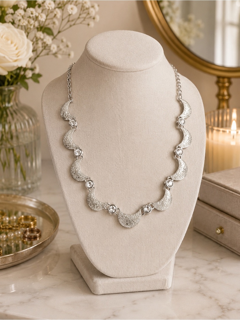 Elegant Silver Crescent Necklace | Dainty Minimalist Crystal Statement Jewelry - Picture 2 of 7